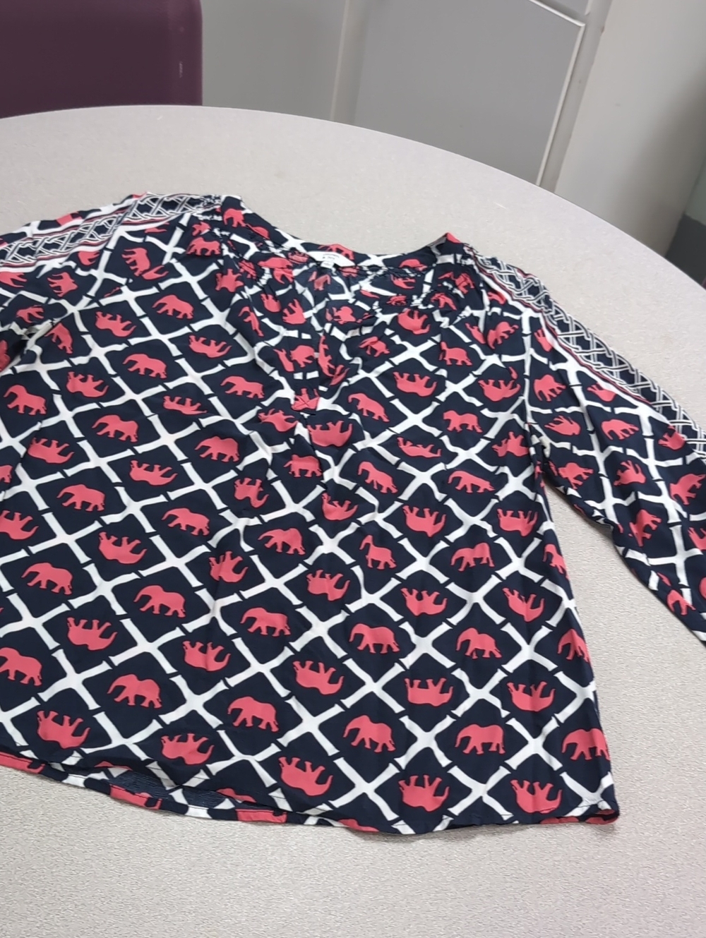crown & ivy Navy Blouse with Coral Elephant Print